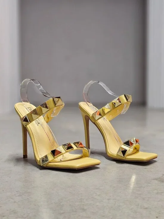 Yellow Studded High Heel Sandals With Straps & Square Toe Design For Women - Picture 6 of 15